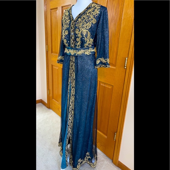 Formal Dress Sizes M & XL Blue Gold Glitter Sparkle Sleeves SULTAN Kaftan Abaya - Picture 4 of 15